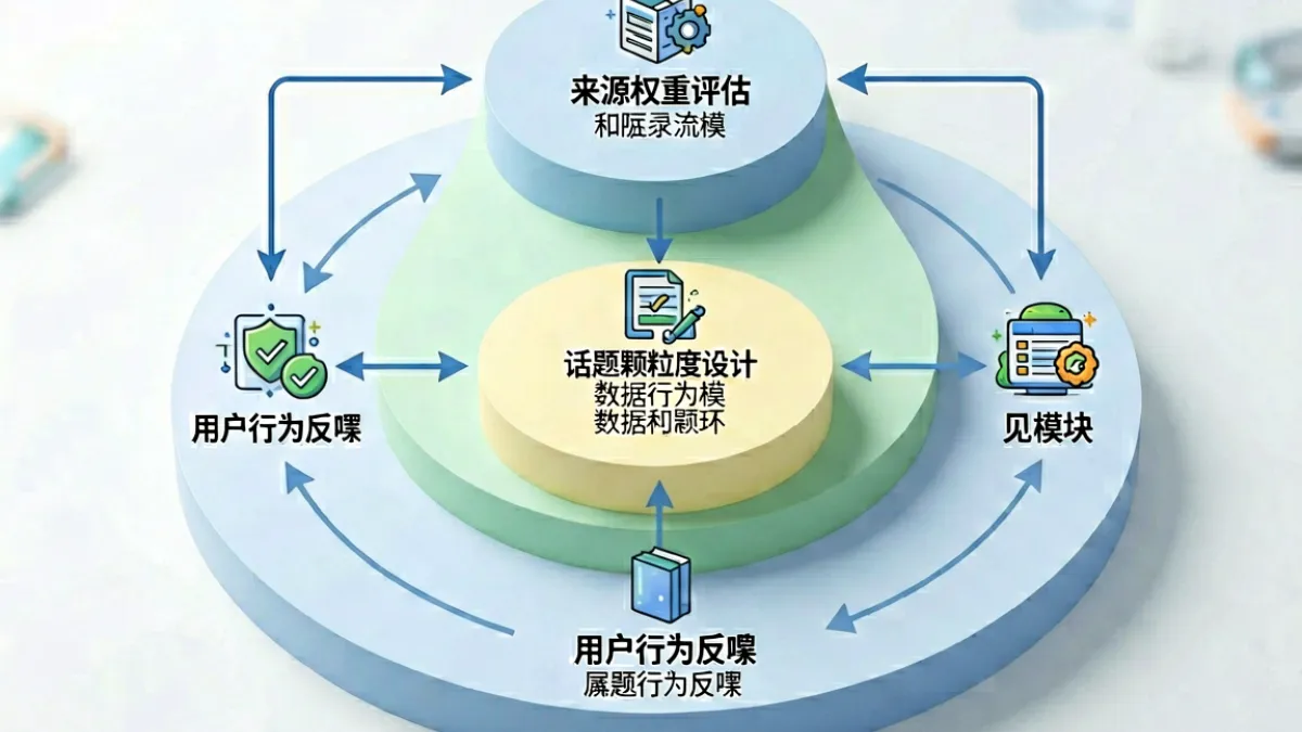 17se内容聚合三层机制示意图，包含来源权重、话题颗粒度和用户行为反哺三个环节