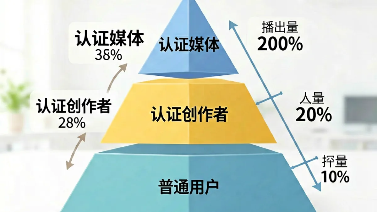 17se内容分级分发机制示意图，展示认证媒体、认证创作者与普通用户在平台权重上的层级关系
