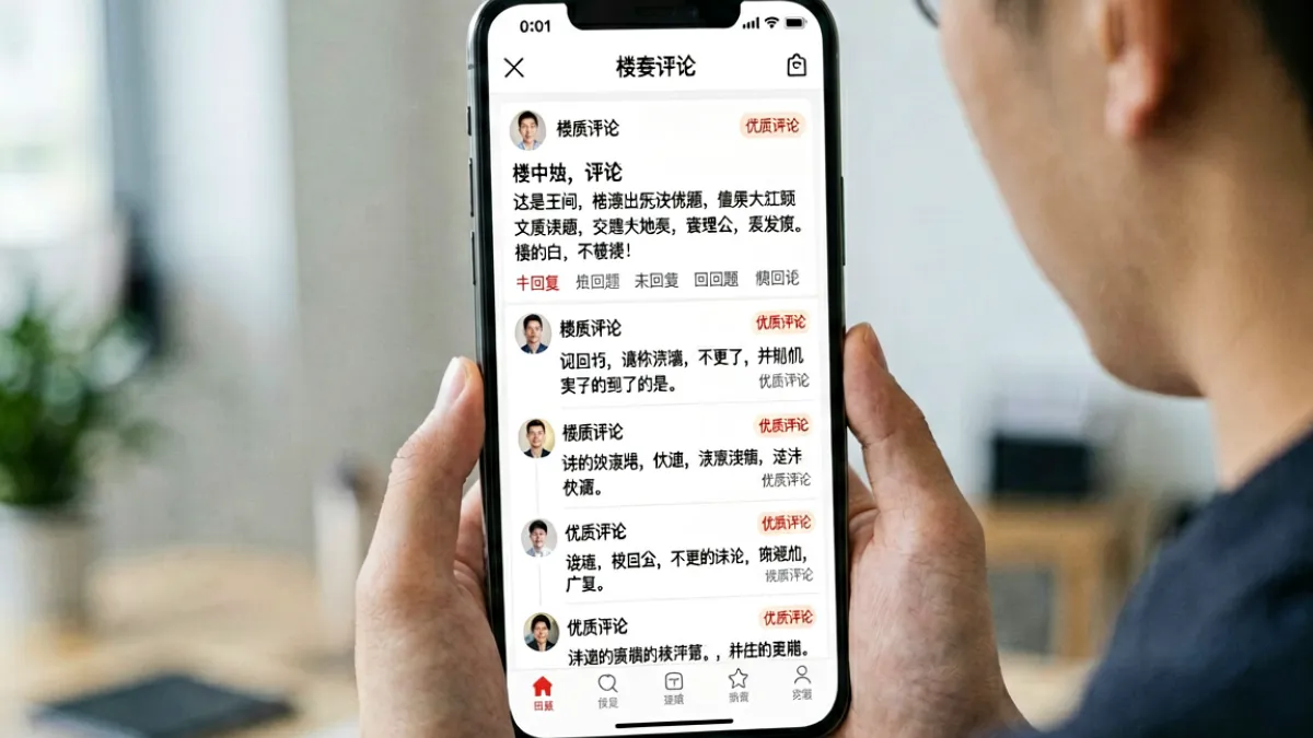 一名用户在手机上浏览17se评论区，屏幕显示科技话题下的多层楼中楼讨论结构